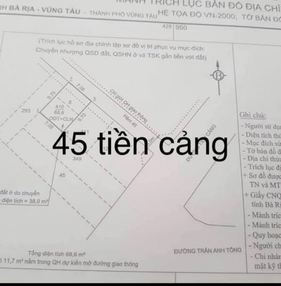 Bán lô đất hẻm 45 Tiền Cảng. Vị trí đẹp nằm ngay ngã 3 Tiền Cảng - Trần Anh Tông, P.Thắng Nhất  TPVT