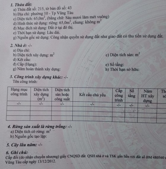 CẦN bán gấp Nhà C4 có 2PN . P10 TPVT. DT 65m2 thổ cư 100%