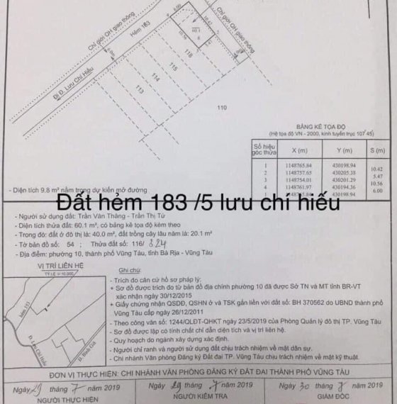 Chính chủ gửi bán lô đất 2 mặt hẻm 183/5 Lưu Chí Hiếu phường 10, TP Vũng Tàu.  