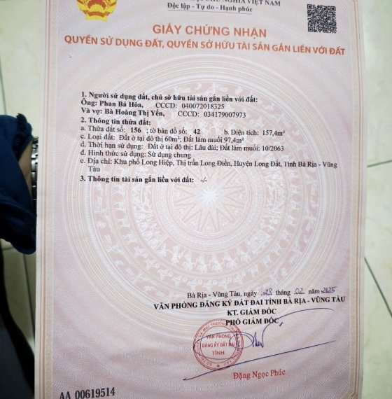 Bán Đất MẶT TIỀN đường tỉnh lộ 44A LONG ĐIỀN BRVT 