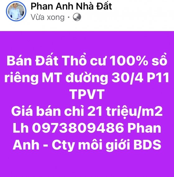 HOT Bán Đất thổ cư MẶT TIỀN đường 30/4 P11 TPVT 