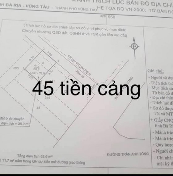 Bán lô đất hẻm 45 Tiền Cảng. Vị trí đẹp nằm ngay ngã 3 Tiền Cảng - Trần Anh Tông, P.Thắng Nhất TPVT
