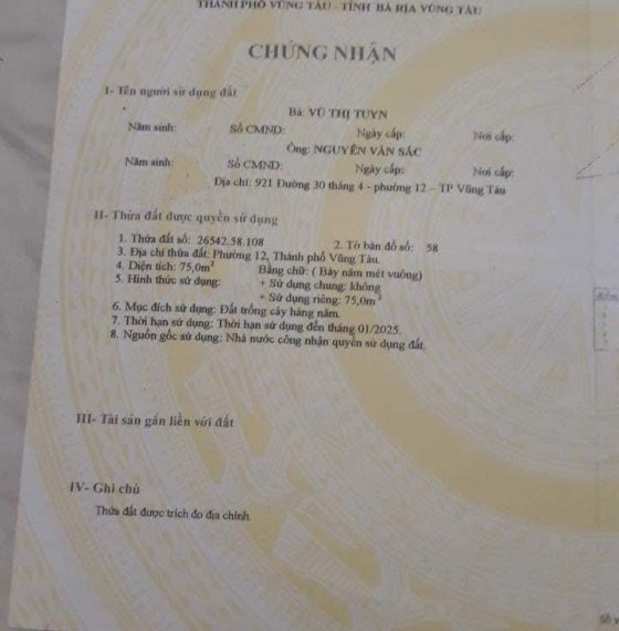 Chính chủ gửi bán lô đất nông nghiệp sổ riêng hẻm 921 đường 30/4 phường 11, TP Vũng Tàu.