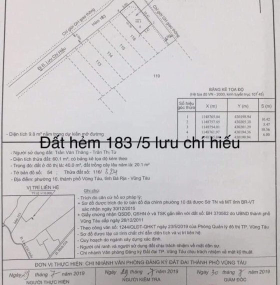Chính chủ gửi bán lô đất 2 mặt hẻm 183/5 Lưu Chí Hiếu phường 10, TP Vũng Tàu.